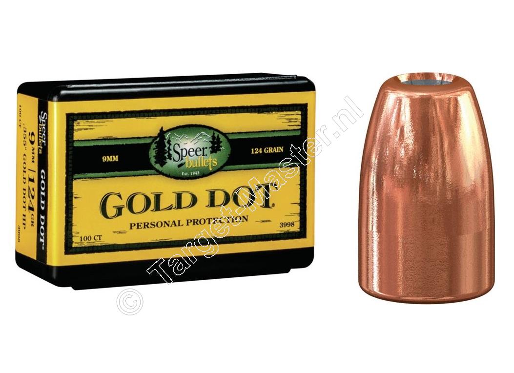 Speer GOLD DOT Kogels 9mm Luger 124 grain Jacketed Hollow Point verpakking 100 Speer GOLD DOT Kogels 9mm Luger 124 grain Jacketed Hollow Point verpakking 100